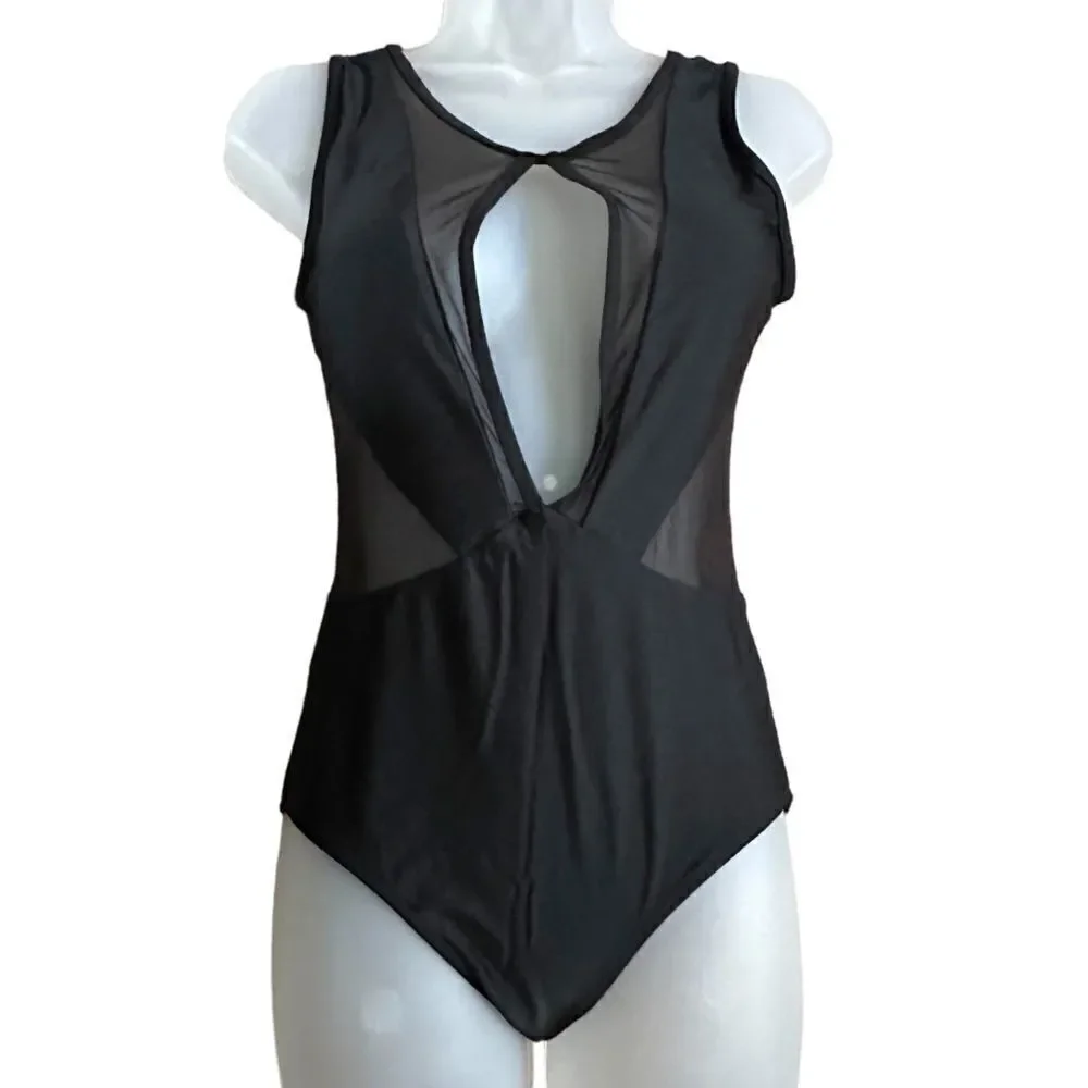 Pacsun One Piece Black Sheer Deep Neckline Bathingsuit